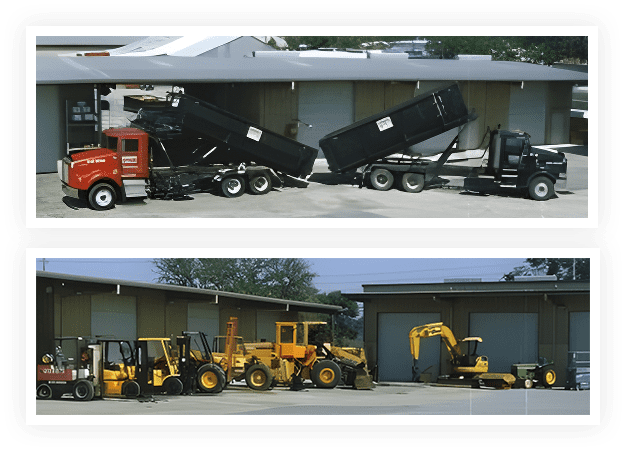 A dump truck is parked in front of a building.